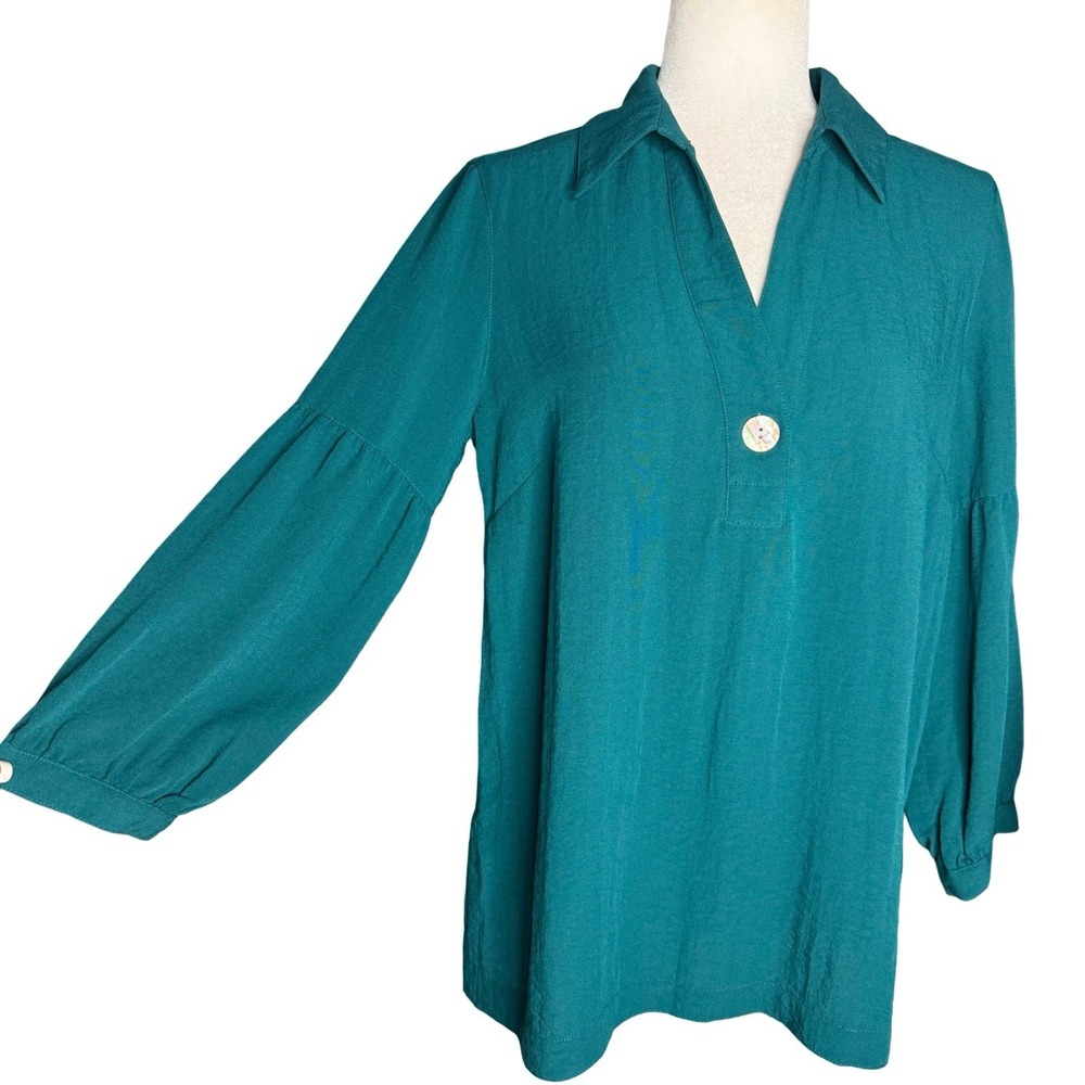 John Mark Tunic Top S Peasant Lagenlook Flowy Collared Oversized Teal Turquoise